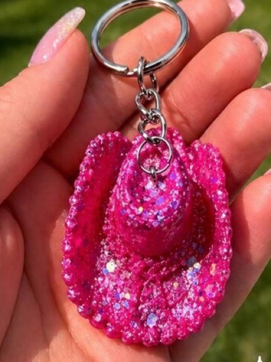 Handmade Accessories - Pink Glitter Cowboy Hat Keychain - Stylish Women’s Key & Card Holder Accessory